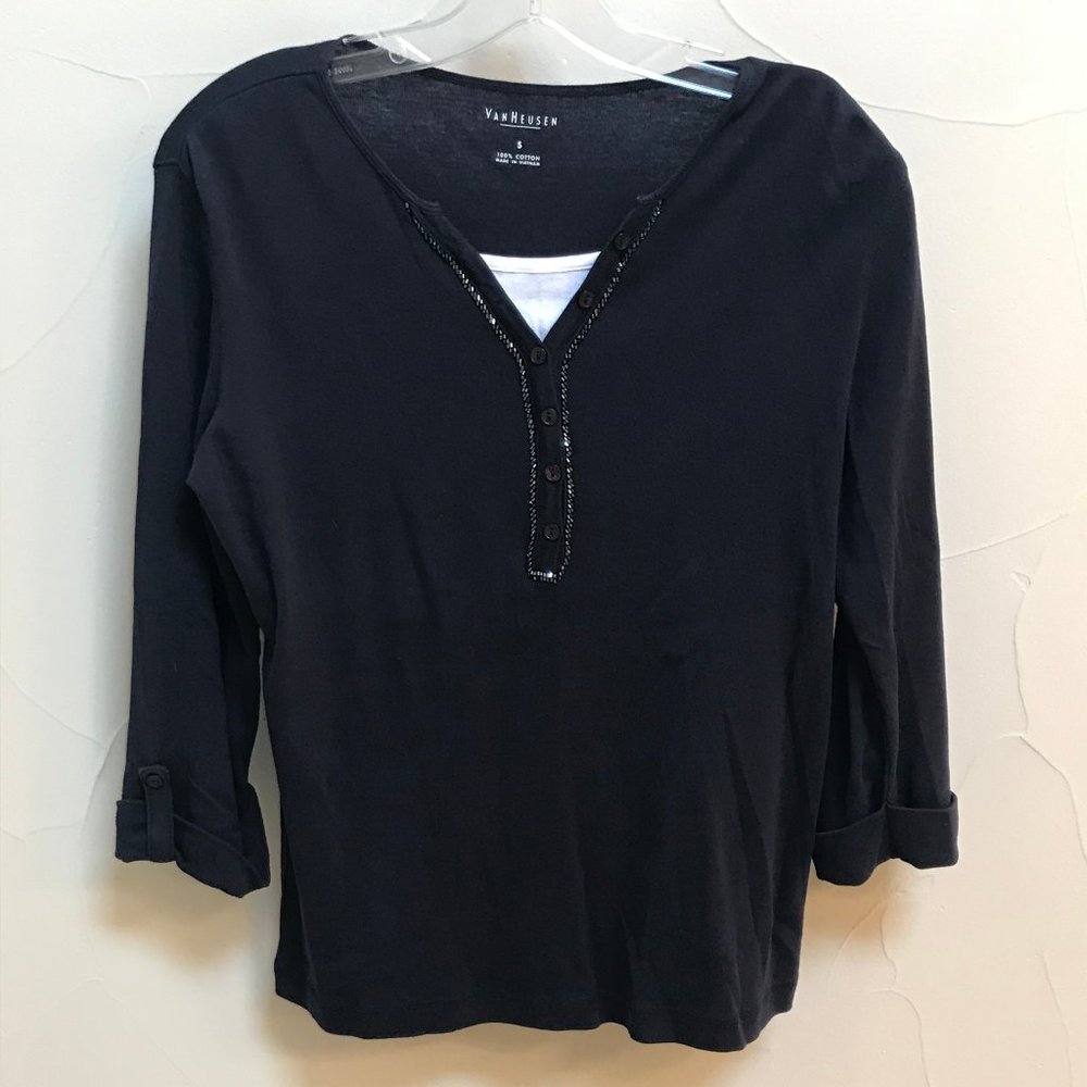 Van Heusen Navy Blue 3/4 Length Sleeve T-shirt Size Small